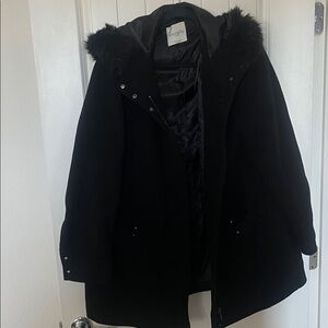 Mango Black Coat with Faux Fur Hood